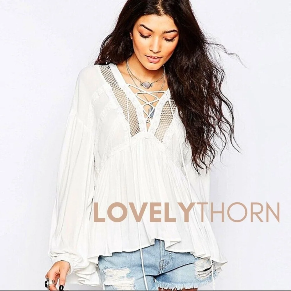 FREE PEOPLE // embroidered lace-up front open knit detail flowy plunge top - Picture 4 of 4